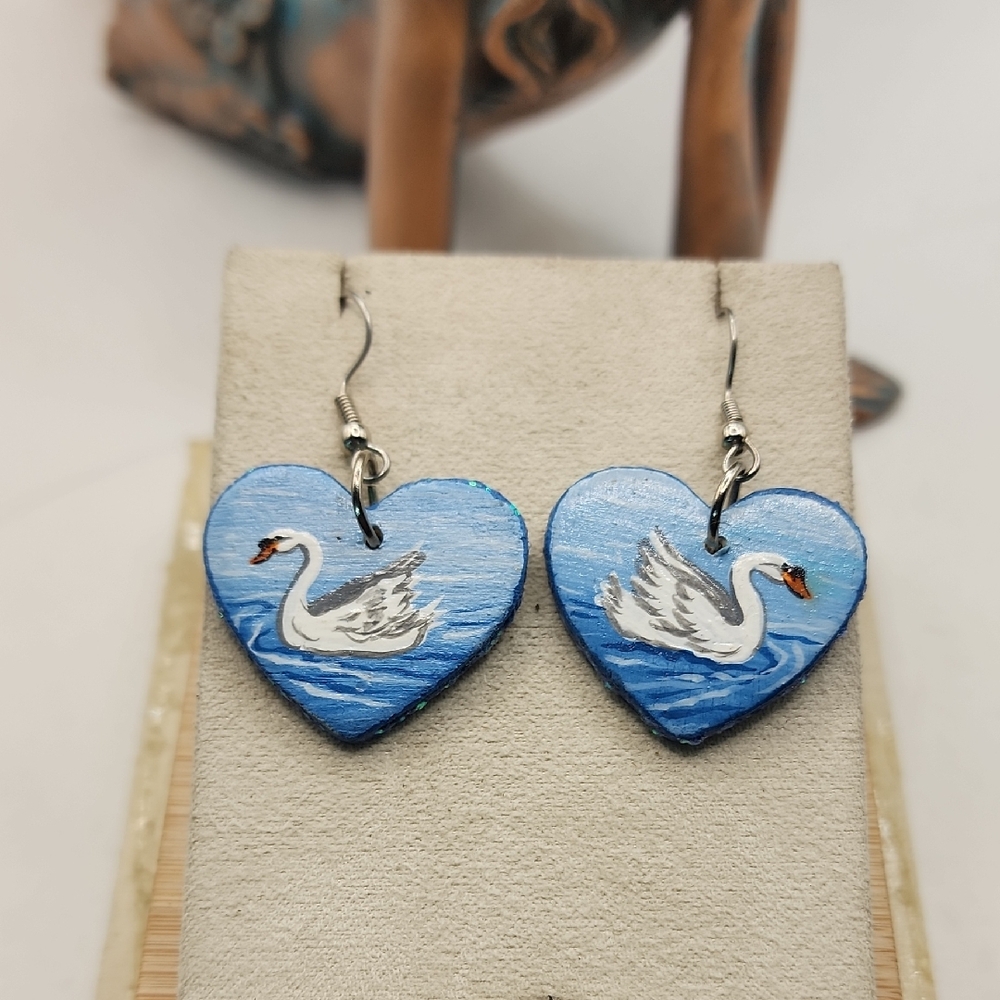 Hand Painted Blue Heart Wood Swan Earrings